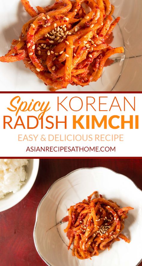 Chinese Radish Recipes, Kim Chee Recipe, Korean Radish Kimchi Recipe, Spicy Kimchi Recipe, Japanese Zucchini, Korean Pickled Radish, Kimchi Recipes, Korean Radish, Kim Chee