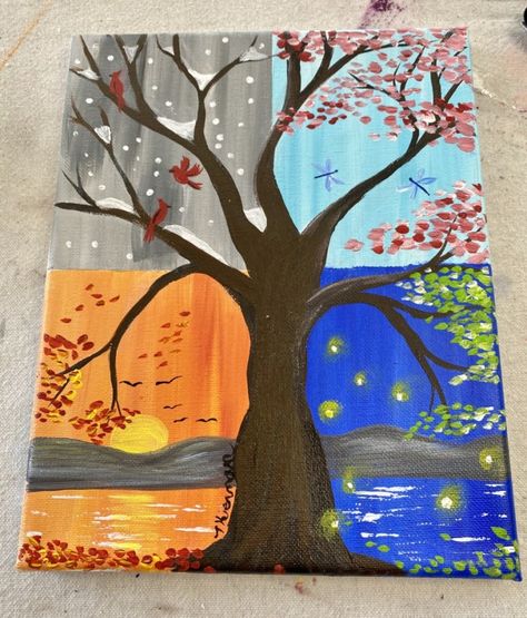 How To Paint A Four Seasons Tree - Step By Step Painting 4 Seasons Art Project, 4 Season Tree Craft, Tree Four Seasons Art, 6 Seasons Painting, Season Paintings Four, Four Seasons Art Ideas, 4 Season Tree Painting, Seasons Painting Ideas, Four Season Painting Ideas