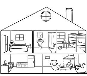 Casa por dentro para colorear por los niños. Dibujos de casas gratis. House Drawing For Kids, House Colouring Pages, House Sketch, English Activities, House Drawing, Teaching Spanish, English Lessons, Teaching English, Colouring Pages