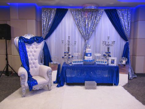 Quinceanera Throne, Quinceanera Throne Chair, Blue Silver Quinceanera, Quinceanera Decorations Ideas, Royal Blue Quince Theme, Royal Blue Quinceanera Theme, 15 Party Ideas Quinceanera, Blue Quinceanera Ideas, Blue Quinceanera Theme