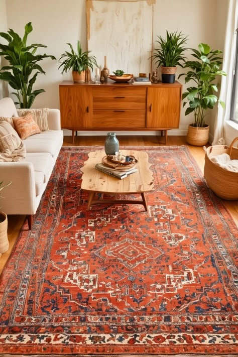 Interior Design Bohemian Modern, Mid Century Modern Living Room Vintage, Modern Boho Living Room Bohemian, Bohemian Minimalist Living Room, Living Room Boho Modern, Mid Century Modern Living Room Rugs, Mcm Boho Living Room, Mid Century Modern Boho Living Room, Boho Mid Century Modern Living Room