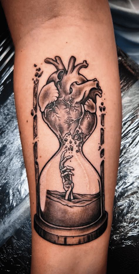 Dark Hourglass Tattoo, Hands Of Time Tattoo, Hourglass Heart Tattoo, Hour Glass Tattoos For Women, Skull And Heart Tattoo, Sand Clock Tattoo, Hourglass Tattoo Ideas, Goose Tattoos, Hourglass Tattoo Design