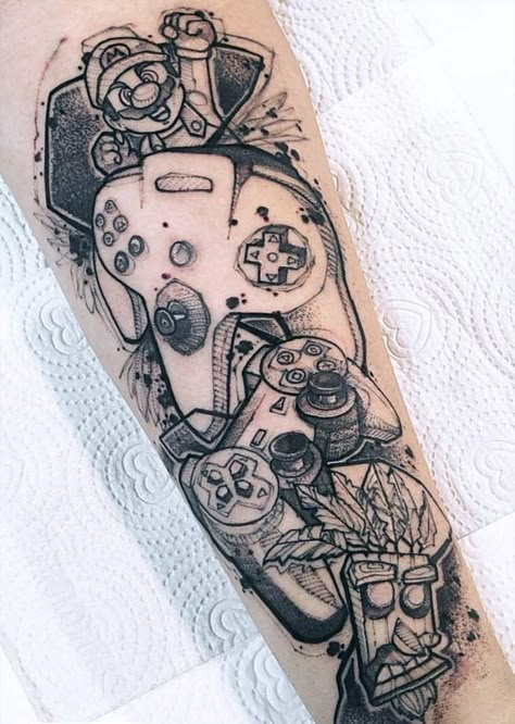 Mario Sleeve Tattoo, Mario Tattoo Sleeve, Retro Game Tattoo, Retro Gaming Tattoo, Video Game Inspired Tattoos, Videogame Tattoo Ideas, Gamer Tattoos Men, Super Mario Tattoo Design, Video Game Tattoo Sleeve