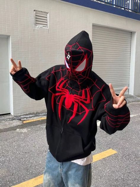 Dream Spiderman, Spiderman Outfit Ideas, Y2k Spiderman, Spiderman Hoodie, Matching Hoodies For Couples, Spiderman Stuff, Zipper Sweatshirt, Oversized Streetwear, Matching Couple Outfits