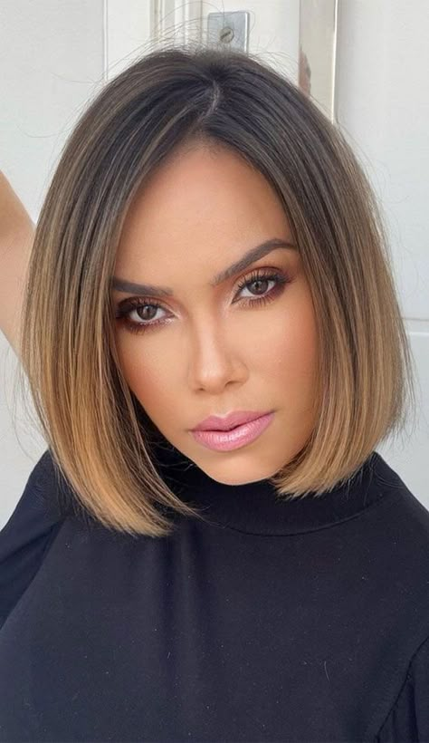 Balayage Bob Haircut, Short Dark Ombre Hair, Boss Lady Haircut, Brunette Bob Blonde Highlights, Bob Haircut Blonde Balayage, Color Melt Brunette To Blonde Short Hair, Ombre Hair Bob, Brunette A Line Bob, Ombre Bob Hair Brown