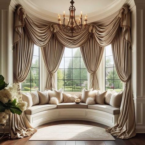 50 Must-Try Bay Window Decorating Ideas » HomeDecorFull Bay Window Decorating Ideas, Window Decorating Ideas, Arched Window Coverings, Bay Window Bedroom, Bay Window Decor, Bay Window Benches, Luxury Curtains Living Room, Luxury Window Curtains, Window Decorating