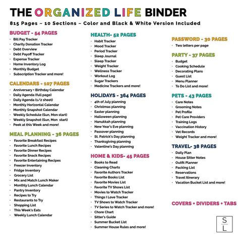 Fabulously organize your entire home and life with this customizable life organization and home management system! The 815 page letter sized kit comes with a a variety of worksheets and trackers, and also customizable covers, section tabs and spine labels and includes 10 different sections: Budget and Finances Calendar and Time Management Meal Planning Health and Wellness Holidays Home & Kids Password Management Party Pets Travel Comes in both black and white and a bright rainbow color scheme.No Home Binder Ideas, Organize Life Binder, Family Organization Binder, Organizing Finances Ideas, Household Must Haves List, Life Management Binder Categories, Life Binder Ideas Diy, Organizing Life Planner, Multiple Planners System