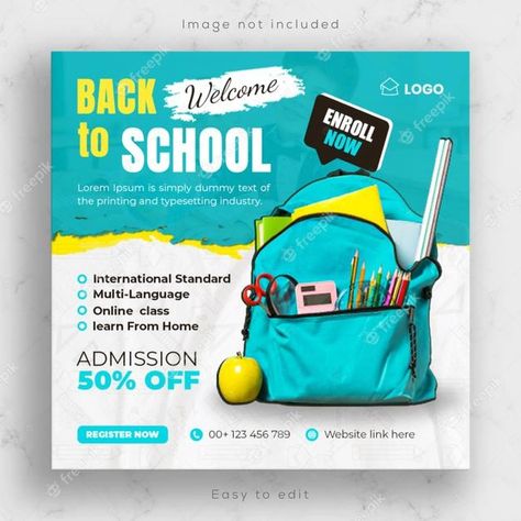 Premium PSD | Social media banner for school education admission and back to school instagram post template or square flyer, poster design. Teaching Poster Design, Back To School Promotion Design, Back To School Social Media Posts, School Social Media Post Ideas, Education Banner Design Ideas, Back To School Social Media Design, Education Social Media Post Design, School Post Design, Education Poster Design Ideas