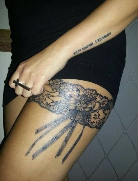 30+ Lace Tattoo Designs for Women - For Creative Juice #tattoo #tattoosideas #tattooart #tätowierung #tätowierungskunst #tättoidee #tatouage #tatuaje #tatuaggio Lace Thigh Tattoos, Lace Garter Tattoos, Garter Tattoo, Lace Tattoo Design, Marquesan Tattoos, Sugar Skull Tattoos, Geniale Tattoos, Lace Tattoo, Dragonfly Tattoo