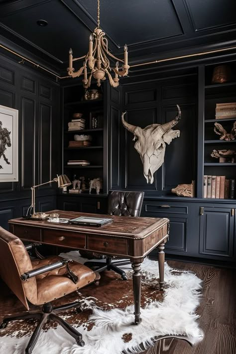 Hauntingly Beautiful: The Rise Of Western Gothic Interiors In Modern Design Rustic Mens Office, Western Office Inspiration, Texas Home Interior Design, Western Style Interior Design, Western Home Office Ideas, Black Western Decor, Western Gothic Interior, Industrial Gothic Interior, Dark Office Decor