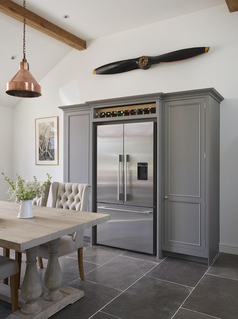 This bespoke fridge freezer housing is perfect for the grey kitchen, built using our traditional Original furniture #harveyjones #kitchens #greykitchen Built In Fridge, Built In Fridge Freezer, Designer Kitchens, Small Cottage Kitchen, American Fridge, Barn Kitchen, Open Plan Kitchen Living Room, Kitchen Fridges, Farmhouse Kitchen Cabinets