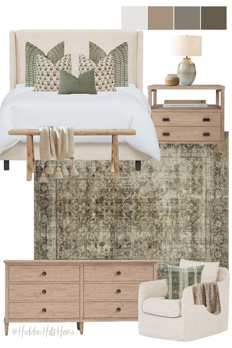 Primary bedroom decor mood board with cream and sage green colors! Cream upholstered bed with beige furniture accents Hanson Upholstered Bed, Green Bedding Bedroom, Marin Sofa, Primary Bedroom Decor, Cream Bedroom Decor, Green Upholstered Bed, Green Bedroom Modern, Tilly Upholstered Bed, Decor Mood Board