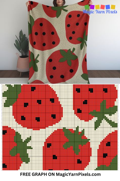 Are you looking for a fun crochet project? Check out my free graph for a Crochet Strawberry Blanket, perfect for adding a summer feel to any room. Use this free crochet graph with different size yarns and hooks to crochet a variety of items. From double bed throws, to baby blankets, wall hangings, rugs, and pillowcases, you can make them all with this graph. Free C2c Crochet Blanket Pattern, Crochet Farm Blanket, Crochet Blanket Cute, Tapestry Blanket Crochet, Strawberry Blanket Crochet, Crochet Graphs Free Charts, Crochet Strawberry Blanket, Crochet Tapestry Blanket, Crochet Rug Free Pattern