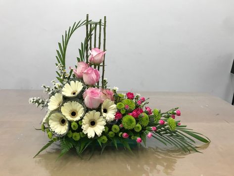 L Shape Flower Arrangement, L Shaped Floral Arrangements, Fresh Flower Arrangement, Floral Designs Arrangements, Tropical Floral Arrangements, Tropical Flower Arrangements, Table Flower Arrangements, Altar Flowers, Large Flower Arrangements