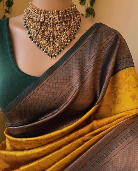 Golden Saree With Green Blouse, Yellow With Green Silk Saree, Yellow Saree With Green Blouse, Copper Border Saree, Yellow Green Saree, Yellow Saree With Contrast Blouse, Green And Yellow Saree, Bottle Green Silk Saree, Golden Yellow Saree