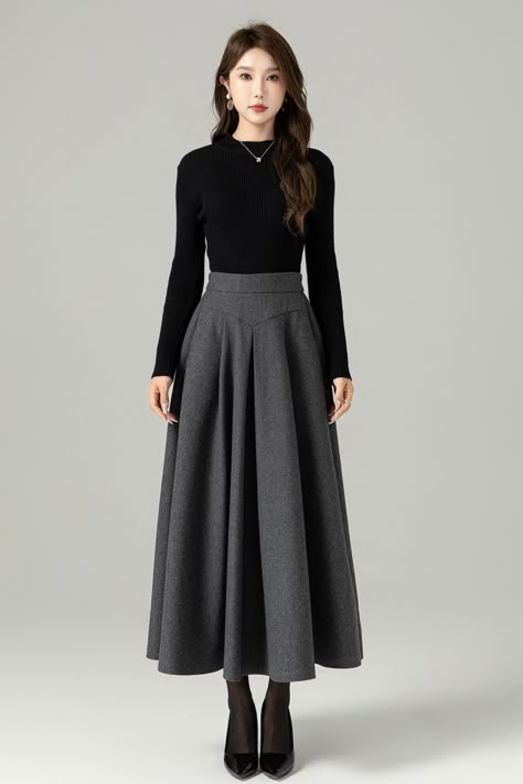 Gray Wool Skirt, A Line Maxi Skirt, Winter Skirt, Long Wool Skirt, Wool Skirt With Pocket, High Waisted Skirt, Womens Skirt, Xiaolizi 4497 - Etsy Gray Skirt Outfit, Long Grey Skirt, Long Skirt Winter, Long Wool Skirt, Maxi Skirt Winter, Warm Skirts, Victorian Skirt, Long Skirt Outfits, Winter Skirt Outfit