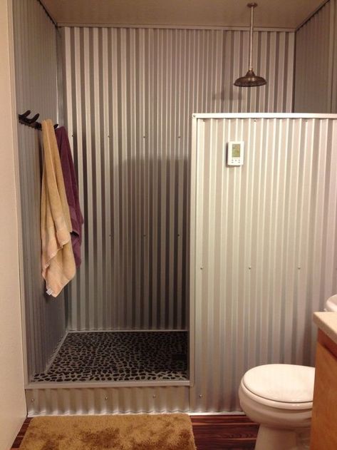 Shower Wall Options, Galvanized Shower, Small Shower Remodel, Barn Tin, Bathroom Shower Walls, Rustic Bathroom Designs, Cheap Bathrooms, Decor Ikea, Shower Base