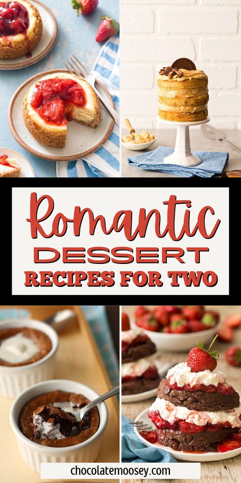 Romantic Dessert Recipes for Two with varities ranging from small cakes and ramekin desserts to brownies for two and mini lava cakes. Cancel your restaurant reservations and enjoy date night at home! It’s easy to get caught up in the super rich chocolately desserts, but you may not love chocolate as much as I do. Or you’re in the mood for some berries. Or your menu flows better with a coconut dessert. There's something for everyone! Couple Baking Recipes, Couple Cooking Recipes, Desserts For Anniversary, Fancy Desserts For Two, Dessert For Anniversary, Healthy Dessert For Two, Desserts For Date Night, Date Night Deserts, Romantic Recipes For Two