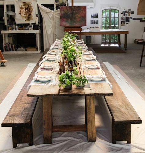 Dinner in an Atelier from Anthology Magazine, Get the Look from Remodelista Pavilion Ideas, Farmhouse Patio, Mesa Exterior, Farmhouse Dining Table, Farm Table, Rustic Table, Farmhouse Dining, Farmhouse Table, Outdoor Tables