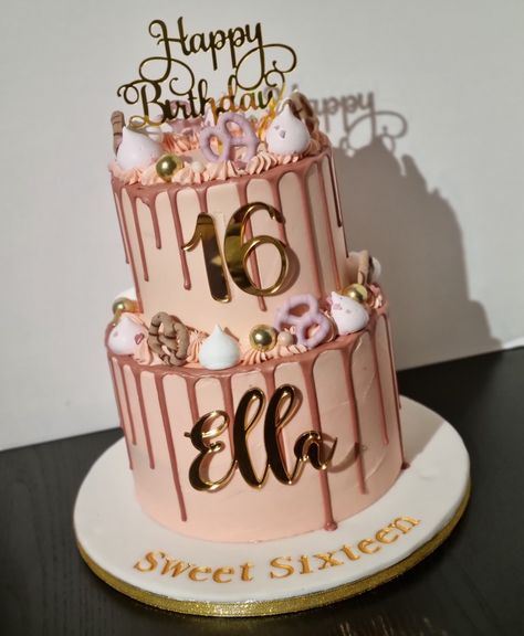 Two tier rose gold drip cake with pretty pink and gold accents. Rose Gold Drip Cake, 16th Birthday Cake For Girls, Sprinkle Drip Cake, Gold Drip Cake, Sweet Birthday Cake, Birthday Cake Roses, Sweet Sixteen Cakes, Best Happy Birthday Wishes, 14th Birthday Cakes