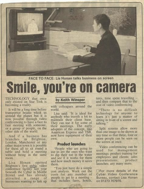 Smile, you're on camera!  An old newspaper article about Eyenetwork and Video Conferencing English Newspaper Articles, Insta Profile Ideas, Insta Username Ideas, Insta Username, Dark Academia Posters, English Newspapers, Profile Ideas, Username Ideas, Newspaper Template