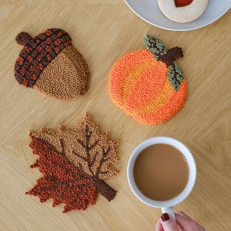 Autumn Punch, Punch Needle Coasters, Kids Punch, Halloween Punch, Mug Rug Patterns, Cute Coasters, Punch Needle Patterns, Craft Punches, Paper Quilling Designs