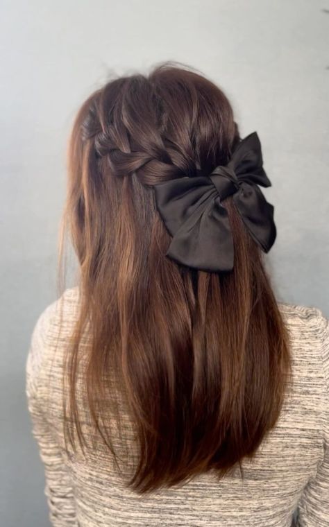 Hairstyles For Normal Hair, Half Up Half Down Prom Hair With Bow, Hairstyle For High Neck Top, Hairstyles For 8th Grade Graduation, Cute Hairstyles With Bow Clip, Hairstyle High Neck Dress, Slim Hairstyles, Normal Hair Styles For Women, Recognition Hairstyles