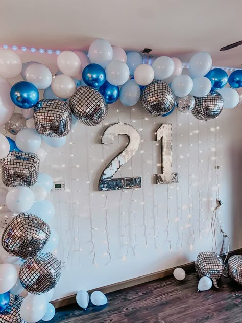 21st Birthday. Shot day. Backdrop. Blue backdrop. Disco Ball. Silver Backdrop. Birthday backdrop. 21st Birthday Ideas Blue And Silver, Blue Themed 21st Birthday, 21st Birthday Ideas Blue Theme, 21st Balloon Arch, Blue Aesthetic Birthday Party, 21st Birthday Beach Theme, Clase Azul Birthday Theme, Blue 21st Birthday Decorations, 21st Birthday Blue Theme