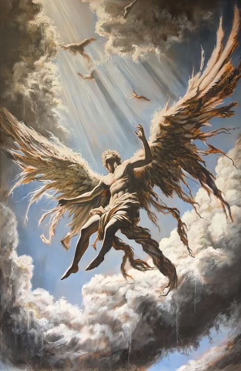 Icarus Oil Painting, Angels Oil Painting, Apollo Aesthetic Art, Ethereal Angel Art, Icarus Poster, Icarus Sketch, Apollo Painting, Icarus And Apollo, Apollo Wallpaper