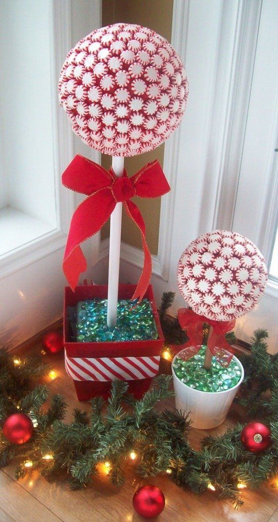 Christmas Topiary DIY made from a styrofoam ball with glued on peppermint candies.