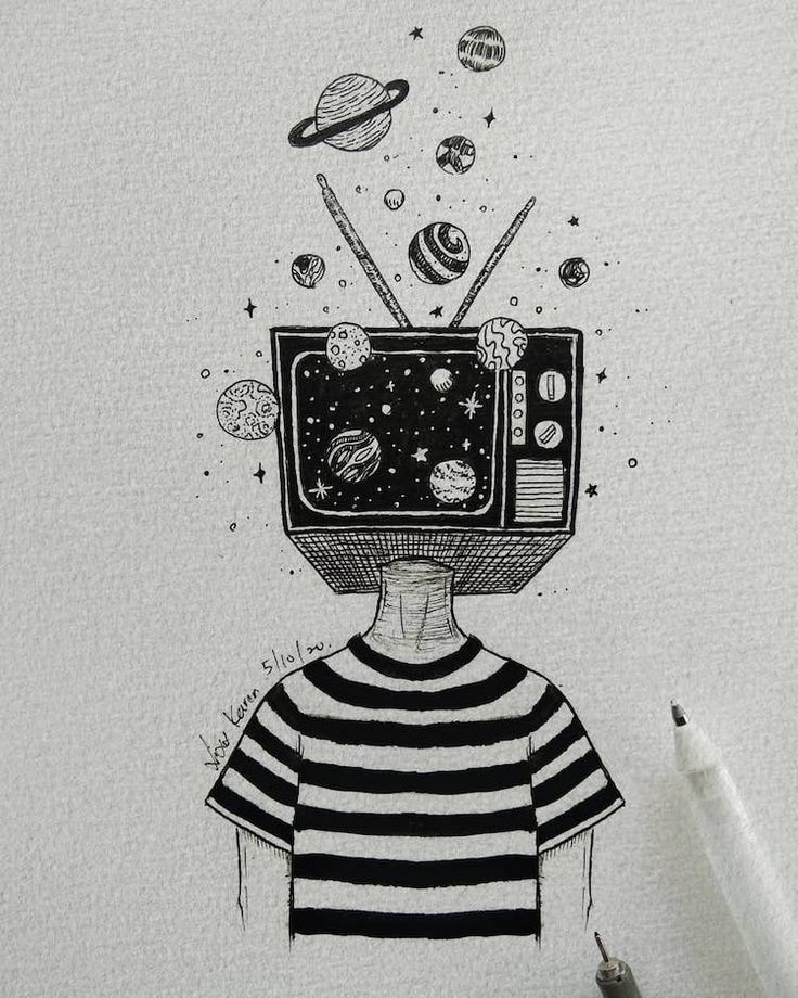 a drawing of a person with an old tv on their head and space around them