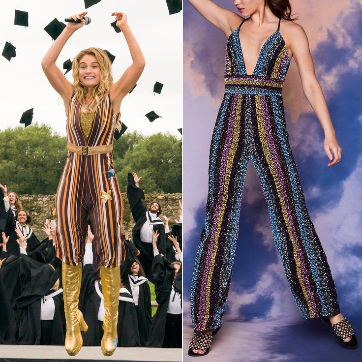 two women in graduation gowns and one is wearing gold high heeled boots with her arms up