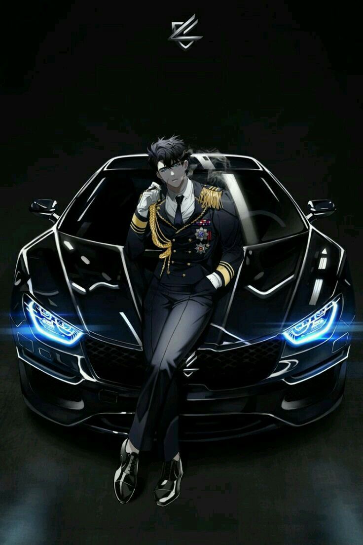 a man in uniform sitting on the hood of a black sports car with blue lights behind him