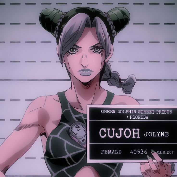 a woman holding a sign that says cujo jolyne in front of her image.