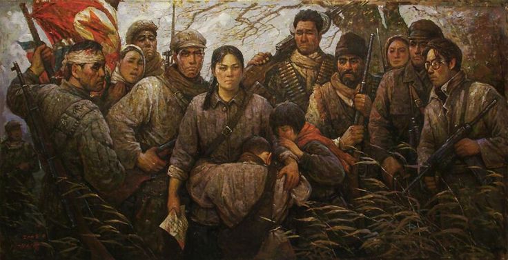 an oil painting of soldiers and their children