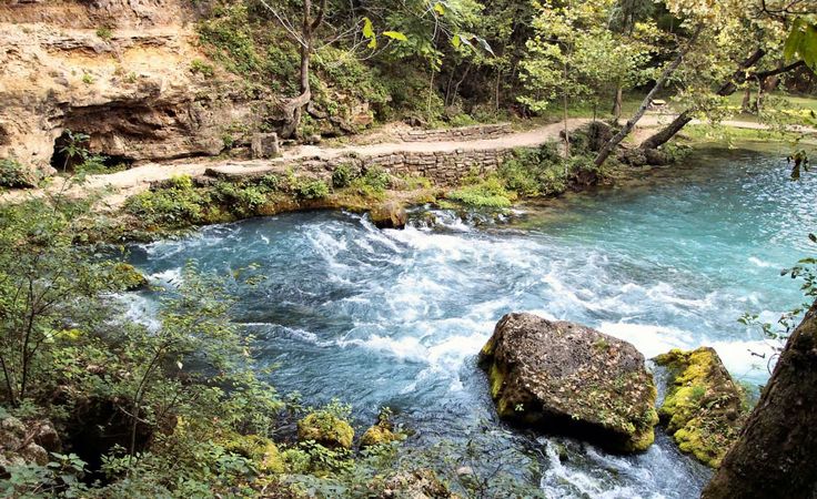 a river running through a lush green forest filled with trees and rocks next to a cliff