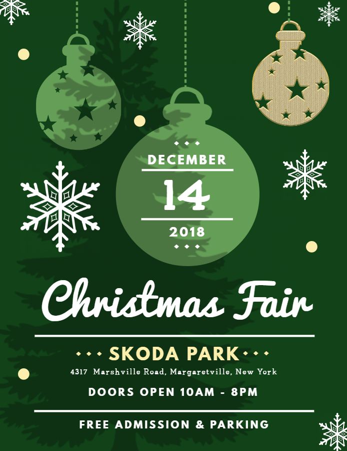 christmas fair flyer with ornaments and snowflakes