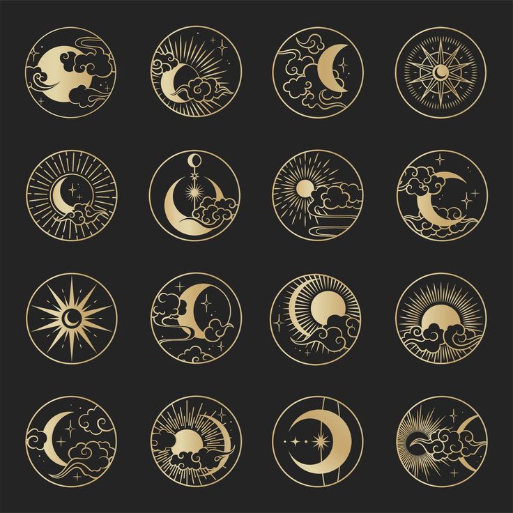 the phases of the moon and sun in gold on a black background stock photo - budget conscious