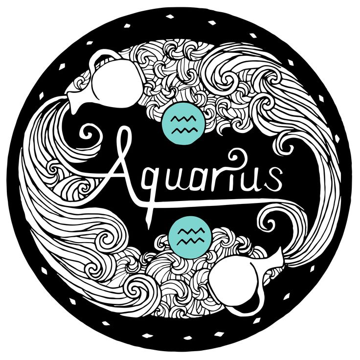 the word aquarius surrounded by doodles and swirls in a black circle on a white background