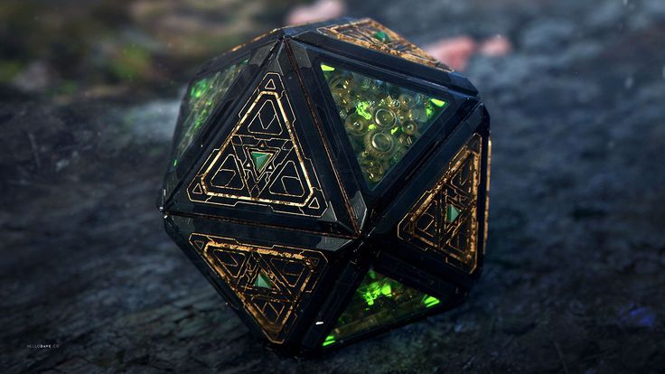 a close up of a black and green dice on the ground with light coming from it