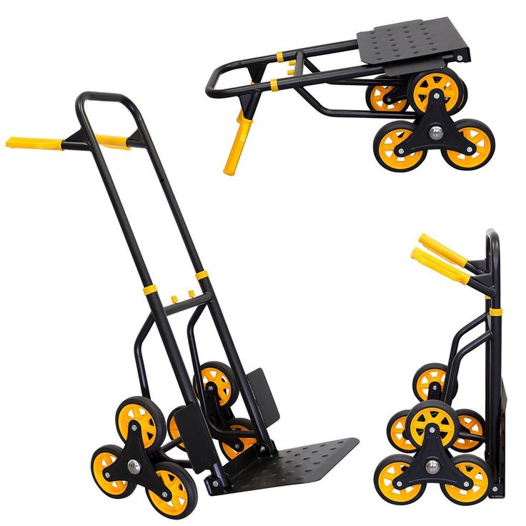 three different views of a hand truck with yellow wheels and two black dollys on each side