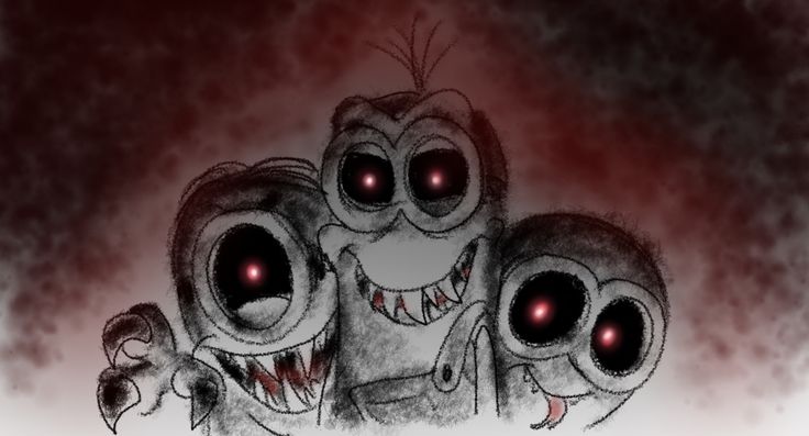 three creepy looking monsters with red eyes