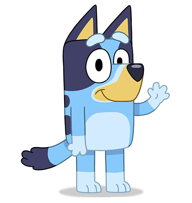 a cartoon blue dog with black spots on it's face and arms, standing in front of a white background