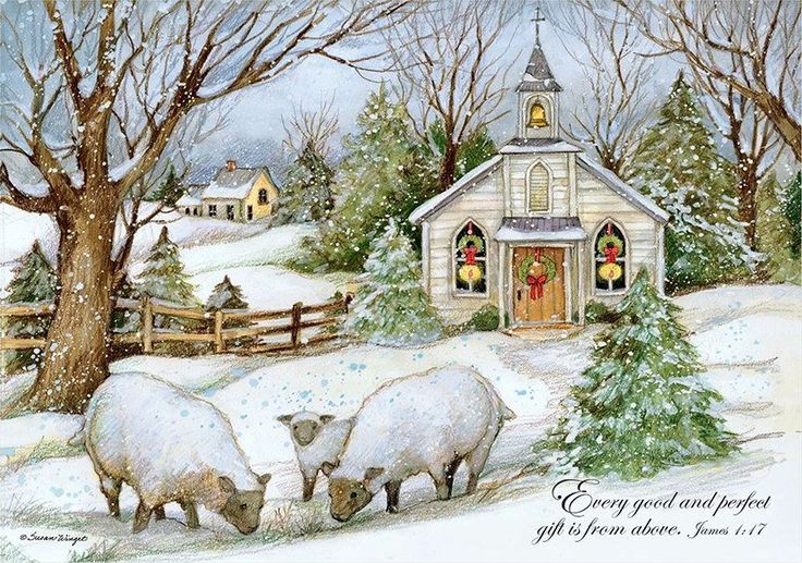 three sheep grazing in front of a small church with christmas decorations on the roof and trees