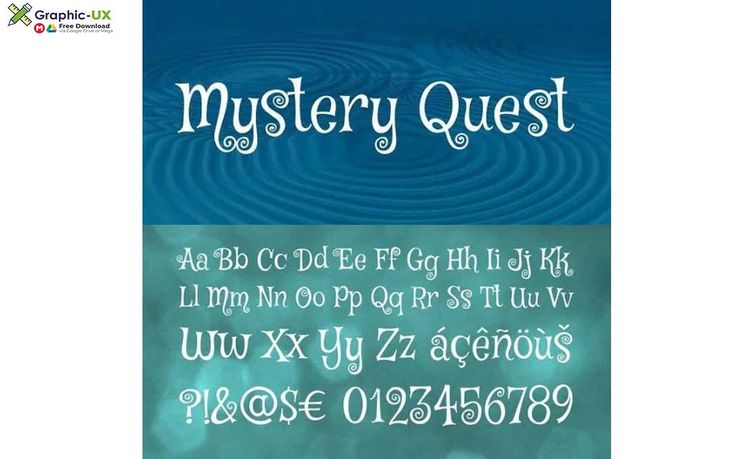 a blue and white poster with the words mystery quest written in cursive writing