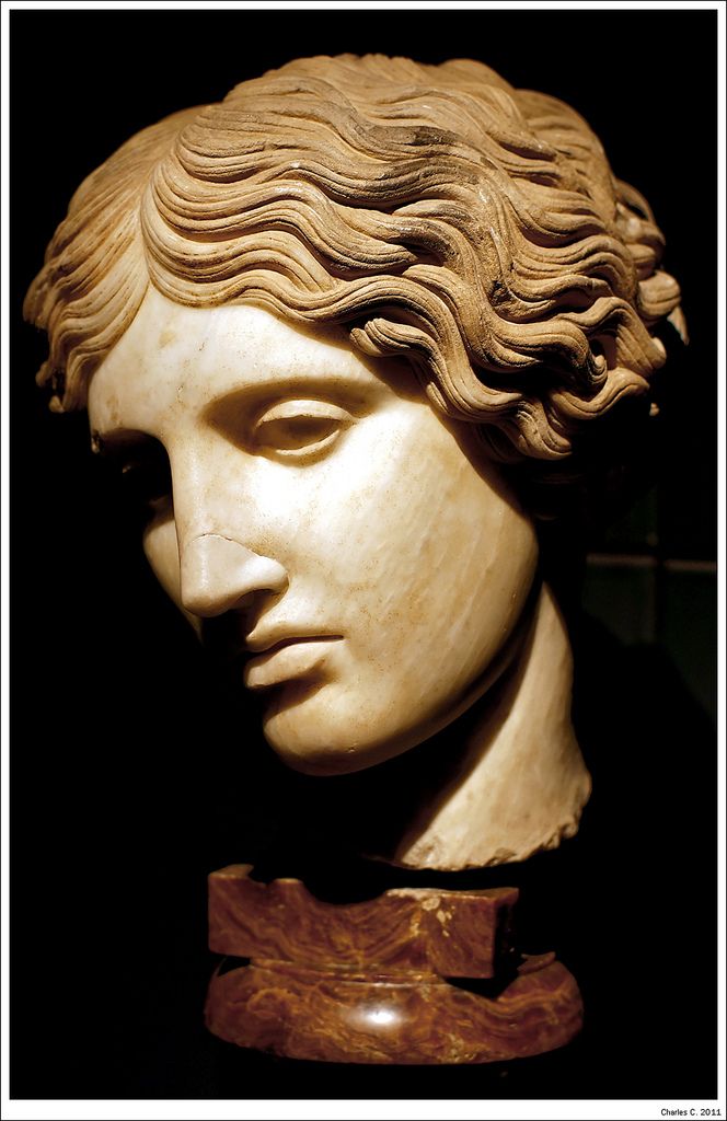 a close up of a statue of a woman's head