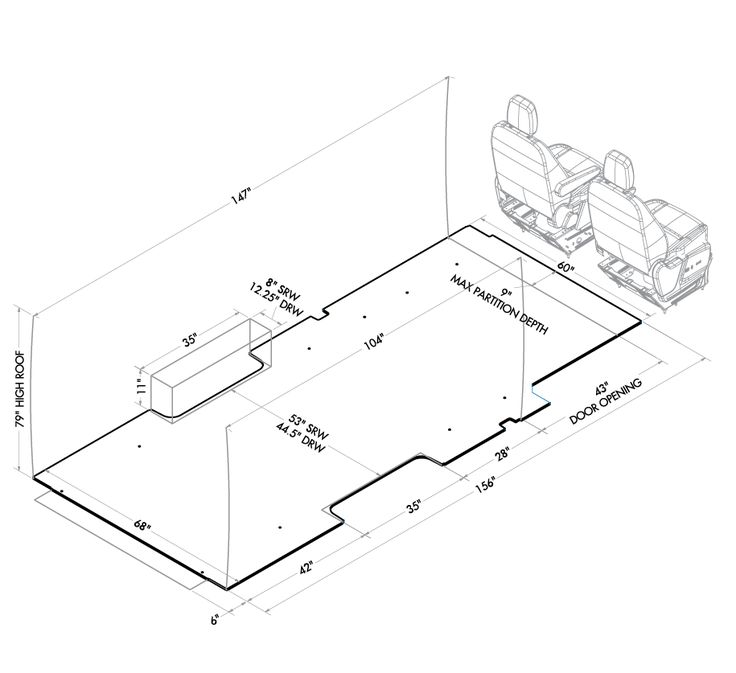 an outline drawing of the seating area for a car with two seats on each side