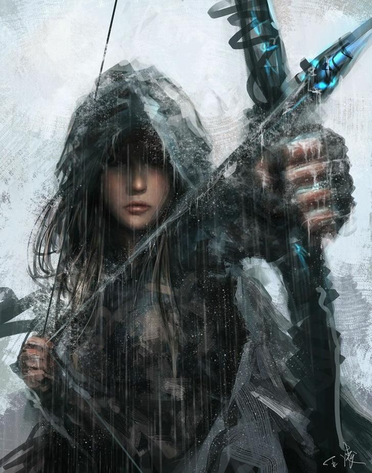 a woman holding a bow and arrow in the rain