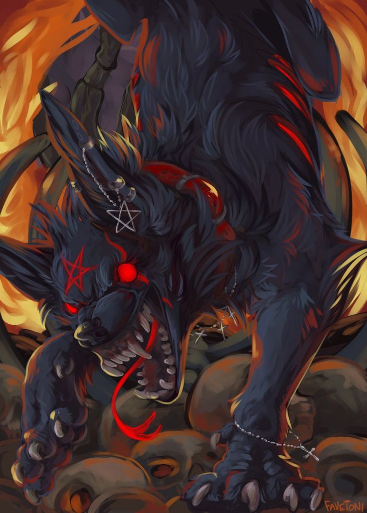 an animal with red eyes and fangs on it's face, standing in front of flames