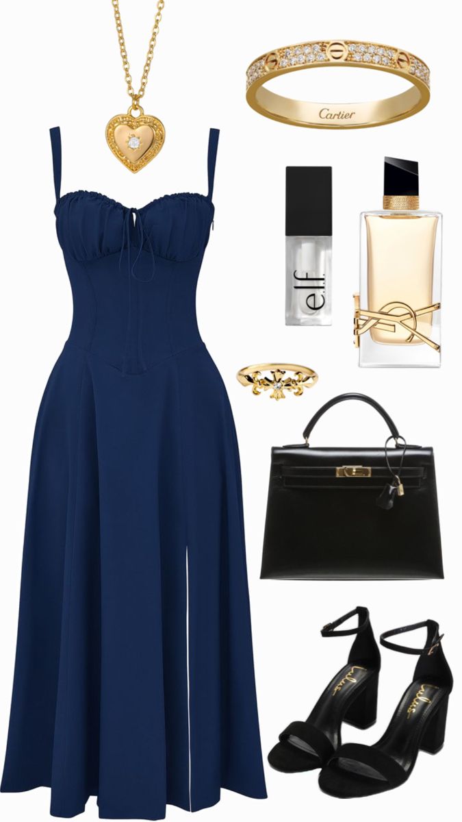 navy blue dress, black & gold accessories, outfit inspo Navy Blue Elegant Dress Classy, Navy Blue Date Night Outfit, Navy Blue Dress With Gold Accessories, Navy Satin Dress Outfit, Navy Dress Gold Accessories, Navy Old Money Outfit, Navy Dress Accessories Jewelry, Navy And Silver Outfit, Blue And Gold Outfits Casual